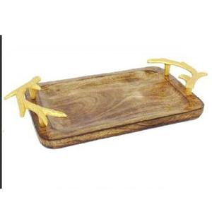 Plateau de service fait à la main avec manche en feuille d'or ustensiles de cuisine plateau en bois d'acacia durable plateau à fruits en forme de Rectangle - Product Image 3