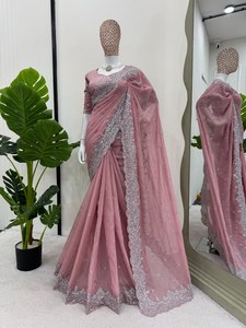 Vichitra Soie Saree pour Adultes Élégance Exquise Redéfinie-Lourde Zari Bordure Pierre Travail Jumelé Vintage Correspondant Blouse Parties - Product Image 5