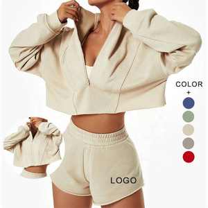 Novedades, Conjunto de Sudadera con Capucha y Pantalones Cortos para Mujer, con Logotipo Personalizado, Sudadera Corta con Cremallera y Pantalones Cortos Deportivos - Product Image 1