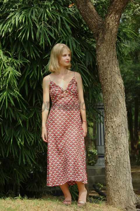Custom Elegant Women Casual Dress Sleeveless Block Printed V-neck Dress Spaghetti Strap Casual Summer Dress