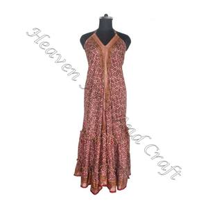 SD015 femmes été Boho Hippie Vintage soie licou robe recyclé Saree longue robe de soirée pour les filles - Product Image 3