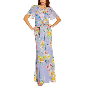 Abito da sera lungo viola con stampa floreale in chiffon, scollo rotondo, vita impero e paillettes, taglia XL, di Adrianna Papell - Product Image 1