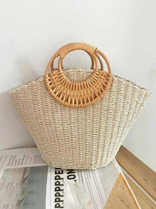 <b>Summer</b> Solid Color <b>Straw</b> <b>Bag</b> with Rattan Handle Open Closure Wholesale - Product Image 2