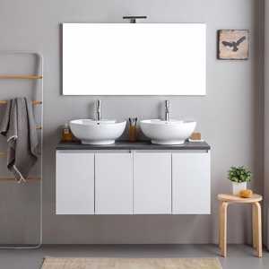 Meuble de salle de bain mural en bois blanc de 120 cm avec dessus anthracite et ensemble miroir Bali - Product Image 2