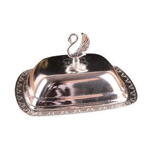 Plats de service à beurre modernes et élégants en acier inoxydable plaqué argent avec couvercles rabattables pour le stockage alimentaire sur table de cuisine, emballage en carton haut de gamme - Product Image 3