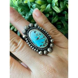 Anillo Boho de Algodón Damian con Turquesa de Montaña y Engaste de <span class=keywords><strong>Plata</strong></span> Esterlina, Piedra Lisa Tallada, para Uso Diario, Talla 7.75 - Product Image 2