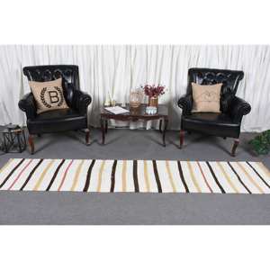 Modern Vintage 2x9,6ft Turkish <b>Wool</b> Rug Elegant <b>White</b> Flat Weave with Patchwork Pattern for Living Room or Hallway Decorations - Product Image 2