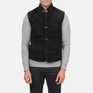 Chaleco Casual de Cuero Genuino para Hombre Tony con Logotipo Personalizado Bordado, Relleno de Algodón para Otoño y Verano, Estilo Gamuza Negra - Product Image 4