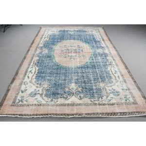 Alfombra Vintage, Alfombra Turca Extra Grande de 6,8x10,3 pies, Alfombra a Cuadros Azul y Blanca - Product Image 1