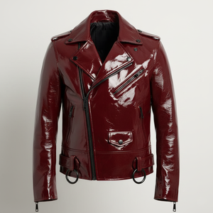 Blouson Moto Rouge Cerise Brillant avec Accents Noirs – Blouson Biker Rouge Verni Designer Ultra Brillant - Product Image 1