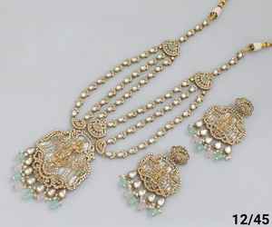 เครื่องประดับผู้หญิงที่ทันสมัยที่สุดสำหรับงานแต่งงานของชาวอินเดียหิน CZ ประดับด้วยสร้อยคอยาวและต่างหูแบบโบราณ - Product Image 5