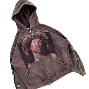 Boxy Custom logo Graphic Printing Vintage French Blank Streetwears Distressed Sweatsuit Acid Washed Zipper Hoodie <b>Sets</b> - Product Image 1