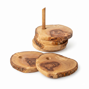 Ensemble de 6 sous-verres en bois d'olivier avec support, sous-verres ronds rustiques pour table basse, bar et restaurant, vente en gros - Product Image 1