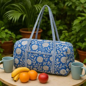 Large Capacity Lightweight Sport Durable Cotton Travel Bag Casual Easy Carry Zipper Indigo Floral Print Block Quilted Machine - Product Image 3