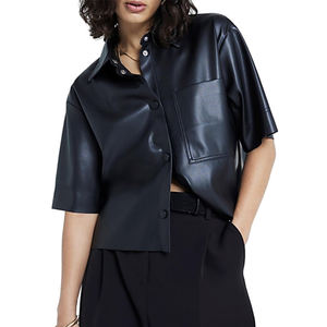 Women Customized Size Custom Turn Down Collar Short Sleeves Leather <b>Shirts</b> <b>Button</b> Down Breathable Anti-Wrinkle Leather <b>Shirts</b> - Product Image 1