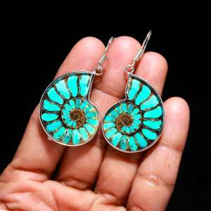 Boucles d'oreilles pendantes en argent sterling 925 pour femmes, mariage, cristal bleu ammonite, forme fantaisie, faites à la main, Silvercrowninc - Product Image 1