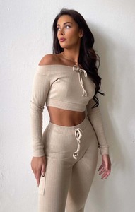 Conjunto de chándal de 2 piezas para mujer, chándal de 2 piezas, color beige, de calidad superior - Product Image 4