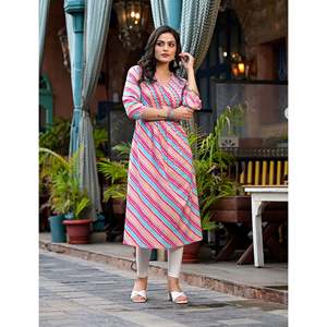 Multi Cotton Casual Straight Kurti Breathable Lehariya Design XS Size Floor-Length Knee-Length Options Natural ODM for Club Day - Product Image 5