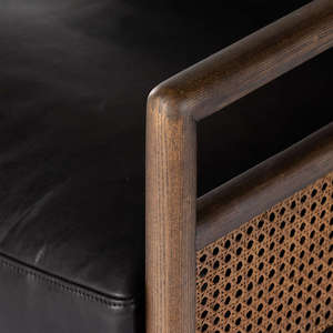 Gita Modern Lounge Chair Solid Teak Wood Frame Woven Rattan Almond <b>Brown</b> Finish Black PU Leather Cushion for Bedroom Hotel - Product Image 6