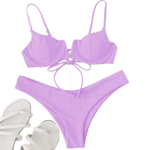 Conjunto de Bikini de Corte Alto de Color Sólido Personalizado, Estilo Sexy, Ropa de Playa para Mujer, Estampado de Logotipo Frontal, Talla Regular, Conjunto de Bikini con OEM - Product Image 3