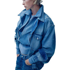 Blouson bomber en denim de coton uni pour femme, fermeture à boutons en corne, matelassé, respirant, écologique, décontracté, printemps, délavé, gothique - Product Image 3