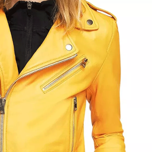 Chaqueta de moto de piel de cordero auténtica amarilla clásica para mujer, chaqueta de cuero suave estilo motorista para mujer 100% - Product Image 3