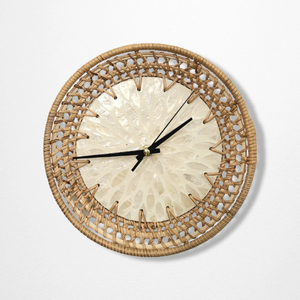 Mid-Century Design Round Rattan <b>Wall</b> <b>Clock</b> with Mother of Pearl Inlay Unique Home <b>Decor</b> Gift From Vietnam Electric Motivation - Product Image 5