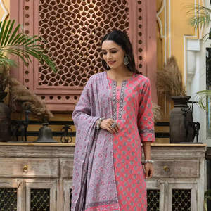 Pink Colour Ethnic Motifs Printed <b>Kurta</b> With Trousers And Printed Cotton Dupatta Round Neck Straight <b>Kurta</b> With Regular Sleeves - Product Image 1