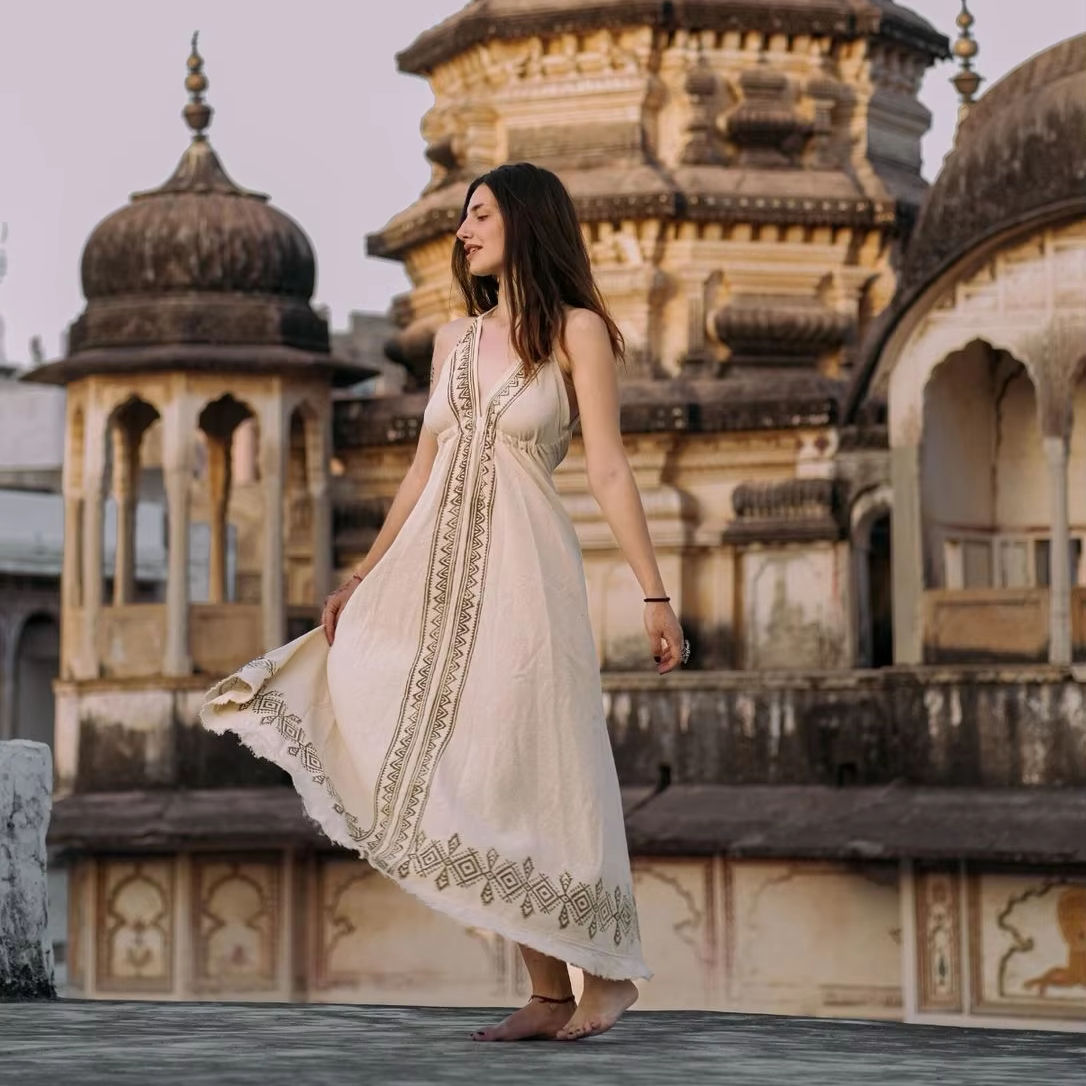 Boho Chic Long Open Back Dress with Ethnic Block Print Tribal Style  Cochaella Clothing for Autumn Maxi Length Goan Ethnic Dress