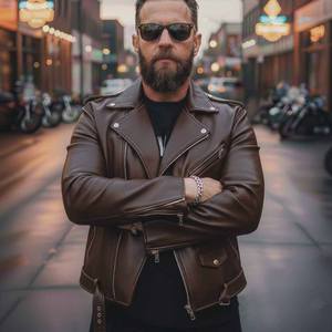 <b>Men's</b> Dark Brown Leather Motorcycle Biker <b>Jacket</b> Hooded Breathable Plaid Pattern <b>Summer</b> <b>Jacket</b> - Product Image 2
