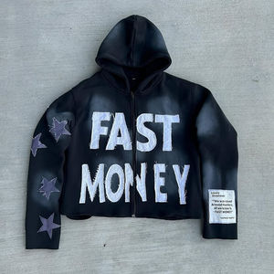 Eco Friendly Custom Stylish Vibrant <b>Acid</b> <b>Washed</b> Distressed Embroidered Patches Cropped Zip-Up Hoodie for Men - Product Image 1