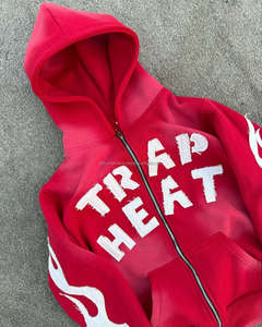 ชุดเซ็ตแฟชั่นสตรีทแวร์ทรงโอเวอร์ไซส์ ผ้าฝ้าย 100% ระบายอากาศได้ดี แบบถัก ซิปหน้า สไตล์ดิสเทรส  สำหรับผู้ชายและผู้หญิง เสื้อฮู้ดดี้สำหรับฤดูใบไม้ร่วง - Product Image 2