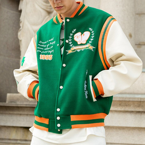 2025 printemps hommes col montant varsité veste vert Baseball Streetwear avec Logo avant et broderie ample Patchwork Design - Product Image 5