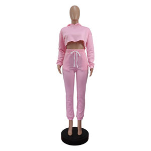 Nueva ropa de otoño para mujer, manga larga sólida, Top corto personalizado de dos piezas, Sudadera con capucha, chándal, conjunto de 2 piezas grueso y cálido - Product Image 1