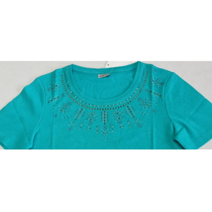 T-shirt en jean vintage 100 % coton peigné pour femme, motif uni imprimé, col rond, coupe droite, manches courtes, longueur mi-longue, teinture unie - Product Image 2