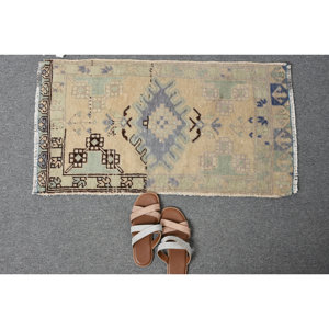 Alfombra turca Vintage de 1,6x2,9 pies, tejido plano de lana de retazos azul Beige para decoración para sala de estar, respaldo de látex de 4m de ancho - Product Image 5