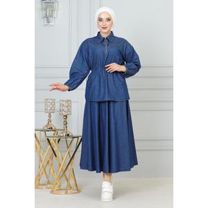 Ensemble deux pièces en jean bleu pour femme, jupe midi décontractée avec détail lacé au-dessus du genou, idéal pour les sorties estivales en club, MOQ 2 pièces - Product Image 1