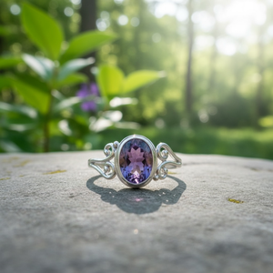 Bague en argent sterling avec améthyste naturelle, bijoux bohèmes faits à la main pour femmes, bague ovale en pierre précieuse de style vintage, pierre de naissance de février - Product Image 2