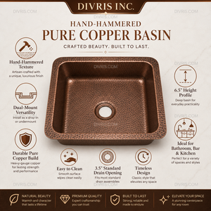 Fregadero de Cocina Cuadrado de Cobre Martillado a Mano DIVRIS, de un Solo Tazón, con un Solo Orificio, Acabado Pulido, Diseño Moderno, 17.25x15.25" - Product Image 5