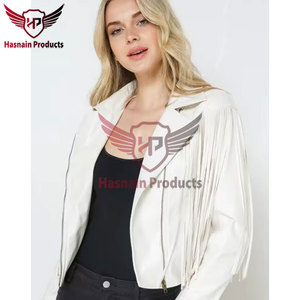 Womens Real White Leather <b>Jacket</b> <b>Fringe</b> Sleeves Tassels Lapel Sheepskin Cream Western Cowgirl Biker Coat Custom Winter Outerwear - Product Image 4
