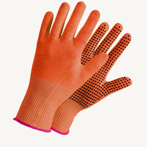 Gants de travail en polyester tricoté à mailles fines orange haute visibilité, sans couture, tricotés à la machine, avec points de préhension en PVC noir, respirants, séchage rapide, quatre - Product Image 2