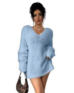 Vestido de Suéter de Punto Azul Cielo Personalizado para Mujer, Cuello en V, Manga Larga, Felpa Suave, Cálido para Invierno, Moda, OEM, Venta al por Mayor, Hecho a Medida - Product Image 6