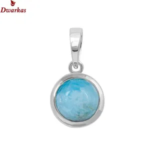 Superior quality larimar round cabochon silver 925 sterling wrap stone pendant bezel setting handcrafted gemstone jewelry