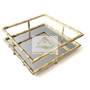 Aluminum and Glass <b>Mirror</b> Gold Plated <b>Bamboo</b> Shape Metal Frame Modern Fancy Designer Tray for Hotels & Restaurants Tableware - Product Image 1
