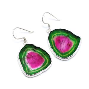 925 plata esterlina sandía Bio Color turmalina rebanada Clip-On pendientes boda adecuado - Product Image 2