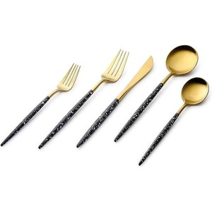 Couverts en acier inoxydable Idéal Ustensiles de cuisine Café de table Maison Couverts finis plaqués couleur or Poignée noire Écologique - Product Image 1