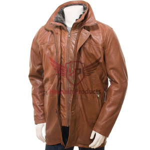 แจ็กเก็ตหนังสีน้ำตาลสำหรับผู้ชายมีสไตล์พร้อมปกเสื้อขนสัตว์เทียมแบบถอดได้มีหลายกระเป๋า-เสื้อนอกสำหรับฤดูหนาวคุณภาพสูง - Product Image 1