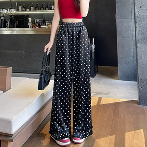 Nueva Primavera Verano tejido de lunares transpirable cintura elástica cintura alta Casual suelto recto pantalones de pierna ancha Pantalones de mujer - Product Image 4