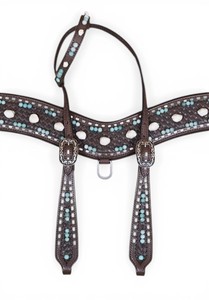 Western Headstall and Breastplate Set With <b>Turquoise</b> <b>Beaded</b>, White and Teal Stone Decorated Rawhide Stitching. - Product Image 6