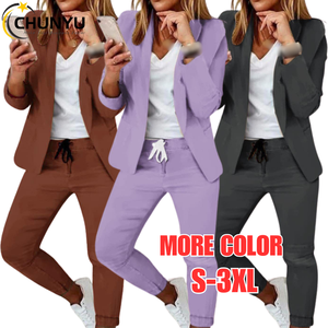 Trendy tweedelige broekpak damespakken met lange mouwen blazer dames kantoor casual pakken set voor dames - Product Image 1